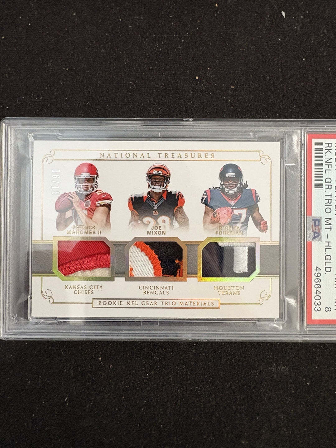 2017 National Treasures Patrick Mahomes/Mixon/Foreman Rookie Gear Gold /10 PSA 8