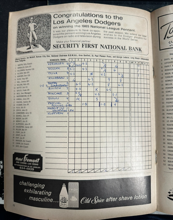 1965 World Series Program Los Angeles Dodgers & Minnesota Twins Game 3 Scored