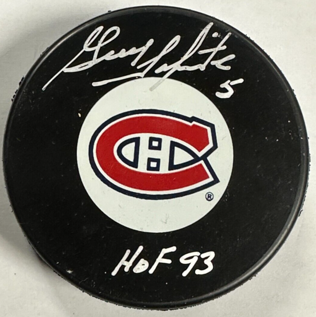 Guy Lapointe Autographed Montreal Canadiens Puck BAS W/ HOF 93 Insc