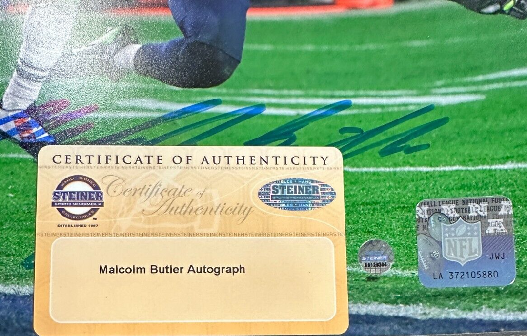 Malcom Butler Autographed 8x10 Super Bowl XLIX Interception Photo Steiner