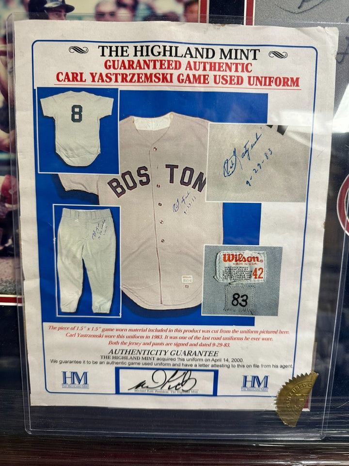 Carl Yastrzemski Signed Last Pair of Road Pants Swatch W/9-29-83 Insc Framed