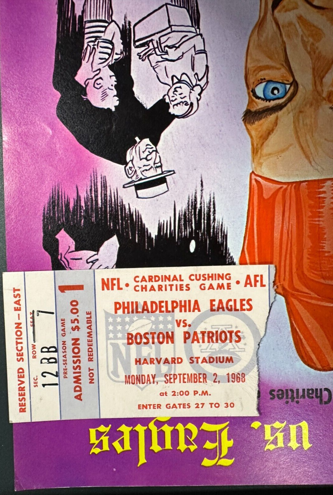 Sept 2, 1968 Boston Patriots & Philadelphia Eagles Program & Ticket Stub