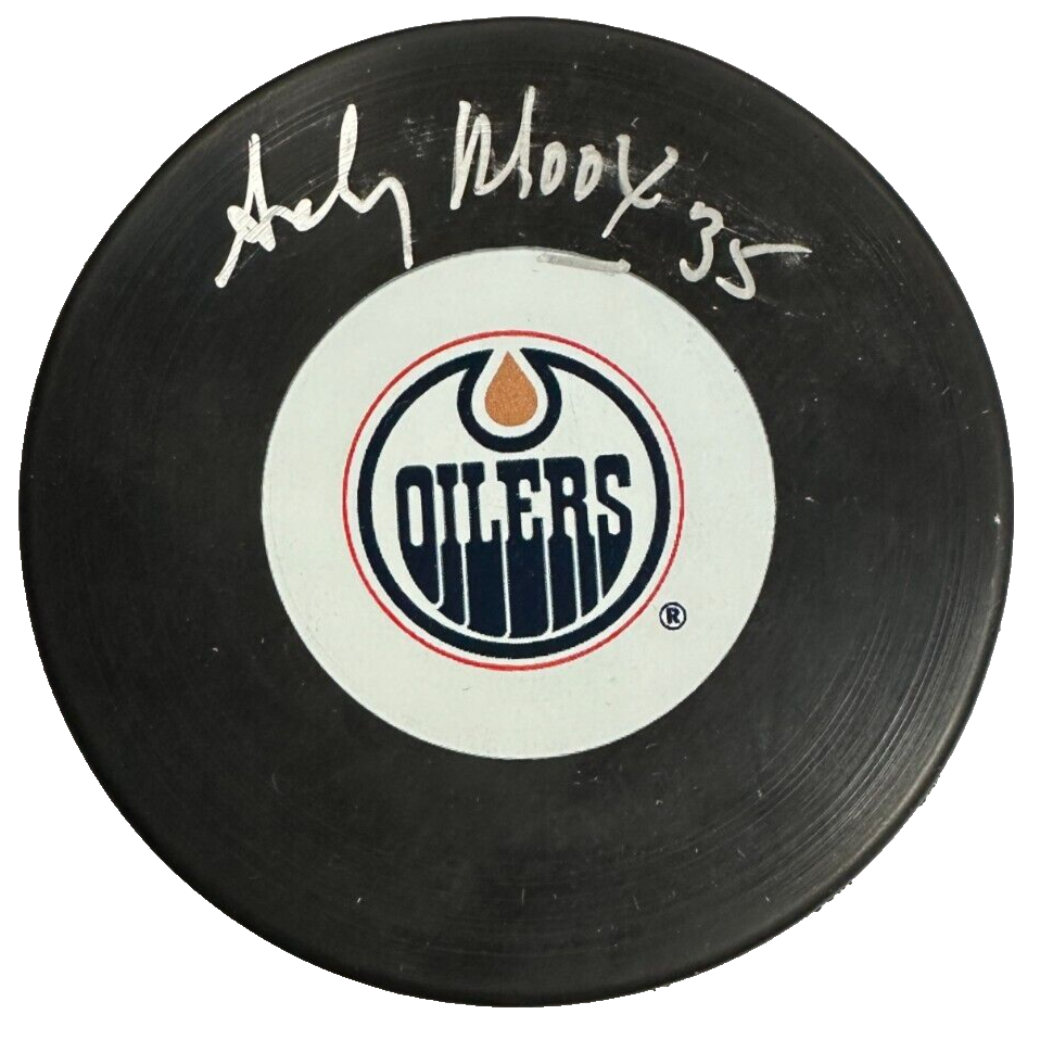Andy Moog Autographed Edmonton Oilers Hockey Puck NHL