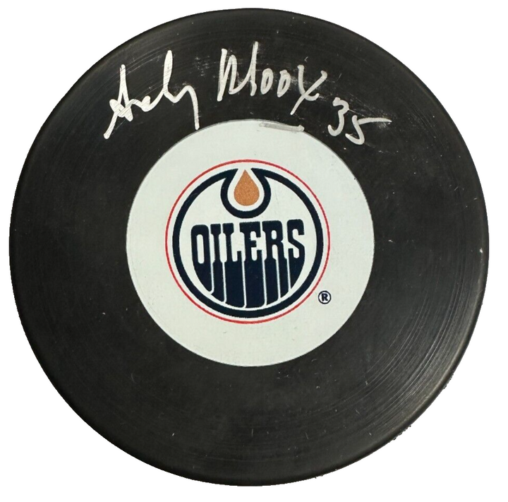 Andy Moog Autographed Edmonton Oilers Hockey Puck NHL