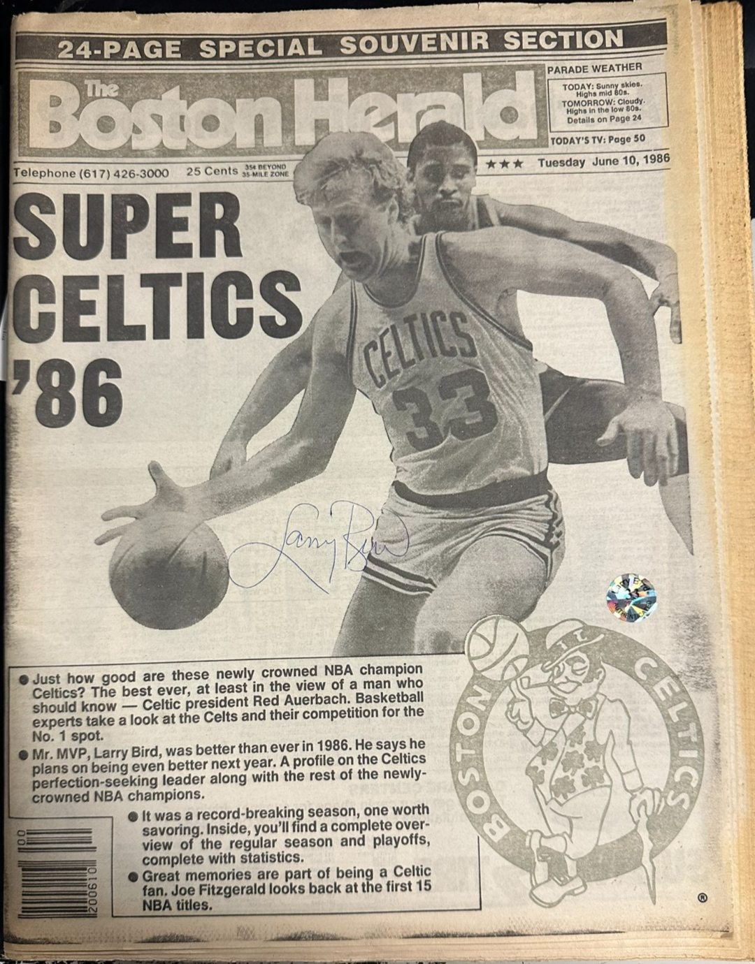 Larry Bird Autographed 6/10/1986 Issue of the Boston Herald NBA Champs Bird Holo