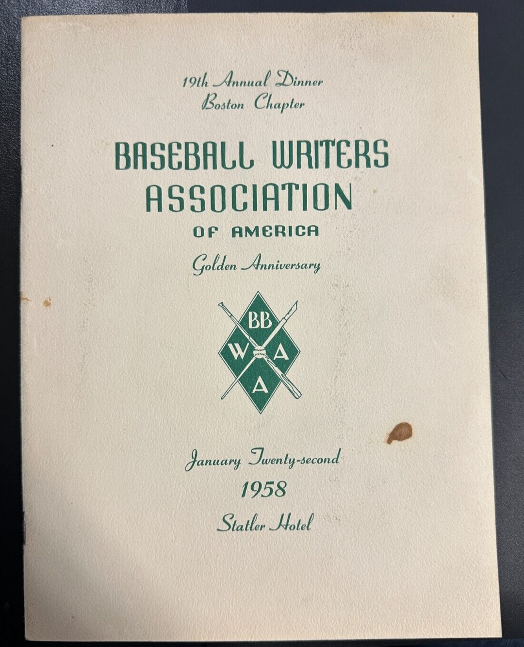 Jan 22, 1958 19th Annual Baseball Writers Association America Dinner Program