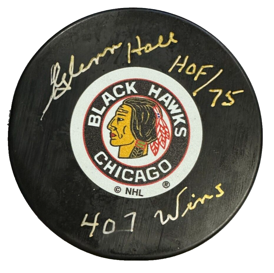 Glenn Hall Autographed Chicago Blackhawks Hockey Puck W/ HOF 75 & 407 Wins