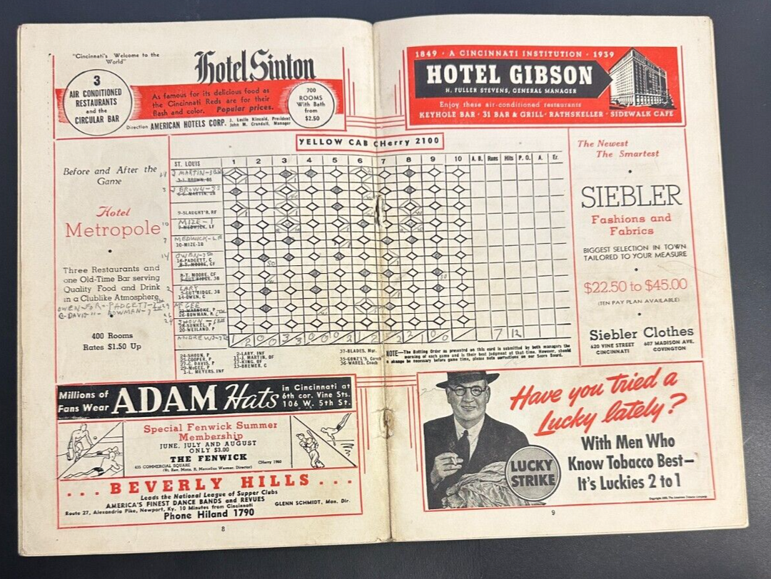 Aug 20, 1939 Cincinnati Reds & Cardinals Program Scored 7-5 St.L Mize 2 HR 6 RBI