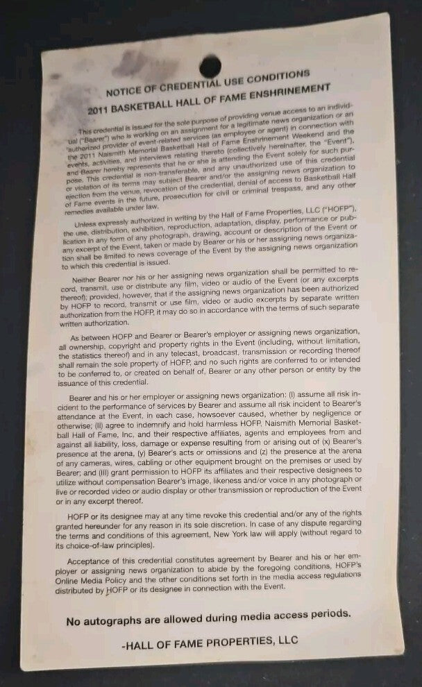2011-2013 NBA Hall Of Fame Enshrinement Ceremony Official Press Pass Badges