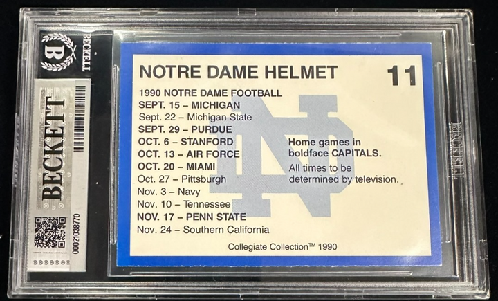 Joe Theismann Autographed 1990 Notre Dame Helmet Card #11 BAS Slabbed