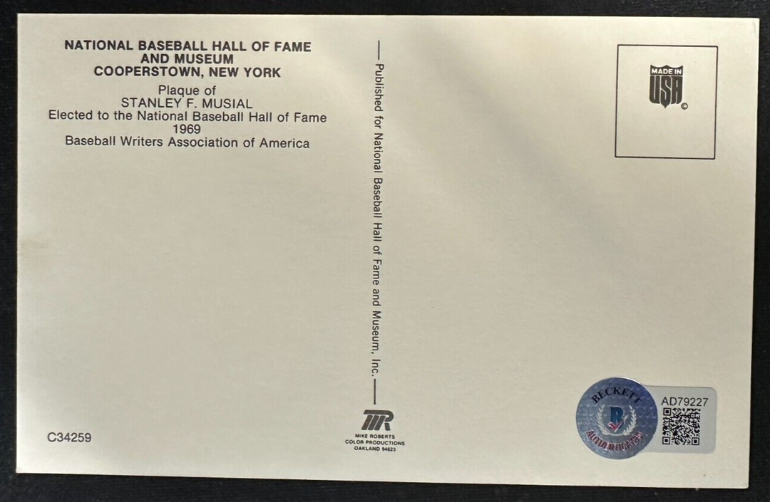 Stan Musial Autographed MLB Hall Of Fame Postcard Cardinals BAS