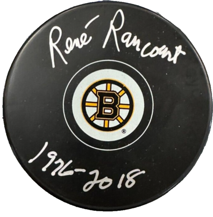 Rene Rancourt Autographed Boston Bruins Hockey Puck BAS W/ 1976-2018 Insc