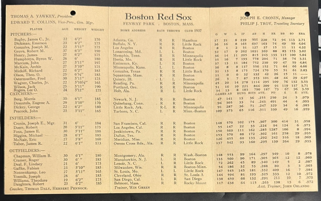 Vintage 1938 Boston Red Sox Spring Training Roster & Schedule Ted Williams