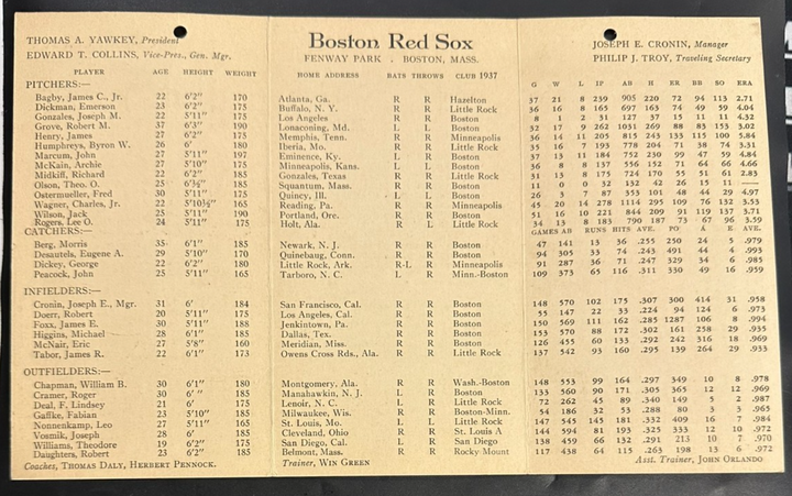 Vintage 1938 Boston Red Sox Spring Training Roster & Schedule Ted Williams