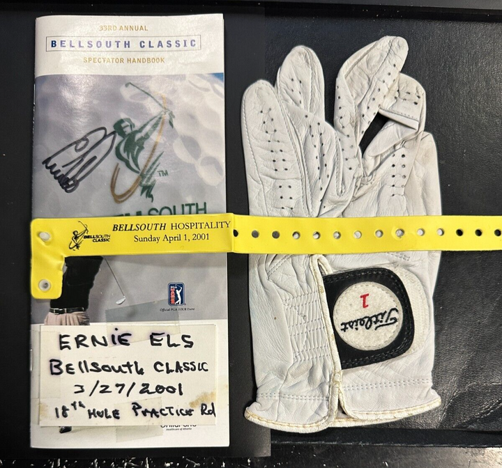 Ernie Ells Signed 2001 Bell South Classic Handbook & Practice Worn Golf Glove