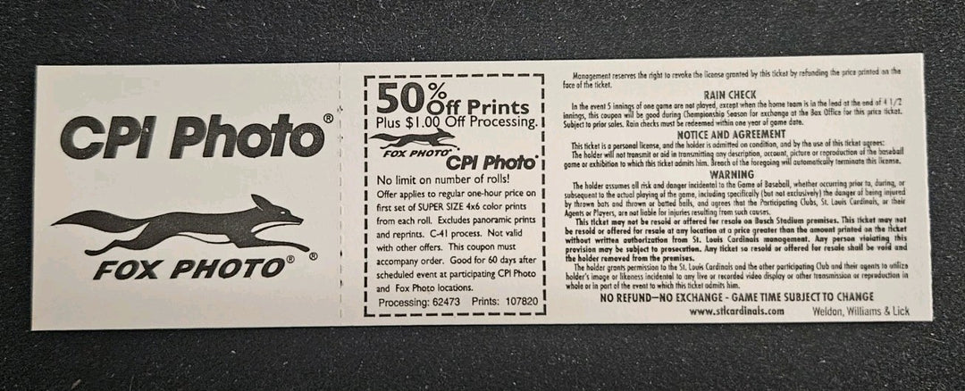 9/26/98 Cardinals vs. Expos Full Ticket Mark McGwire Home Run #67 & 68