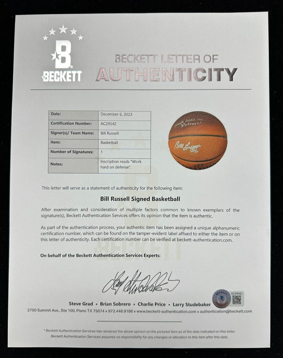 Bill Russell Signed Official NBA Basketball W/ Work Hard on Defense Insc BAS JSA