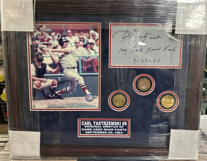 Carl Yastrzemski Signed Last Pair of Road Pants Swatch W/9-29-83 Insc Framed