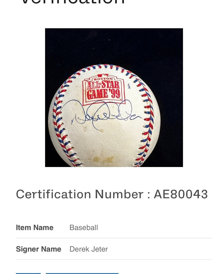 Derek Jeter Autographed 1999 All-Star Game Baseball Fenway Park HOF BAS Yankees