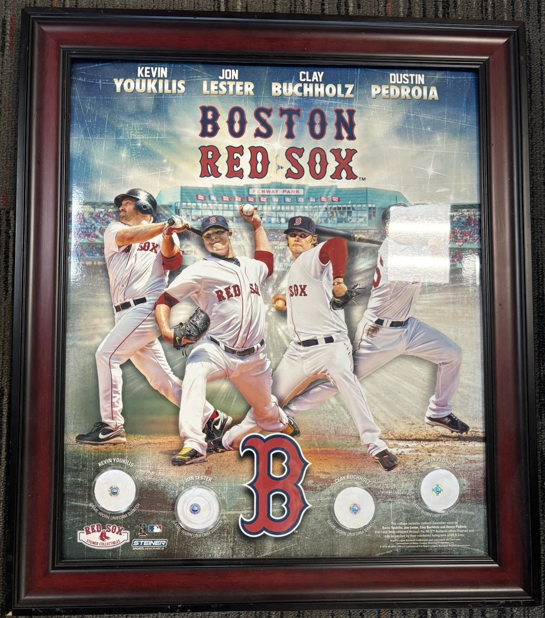 Youkilis Lester Buchholz Pedroia Framed Game Worn Uniform Swatches Steiner