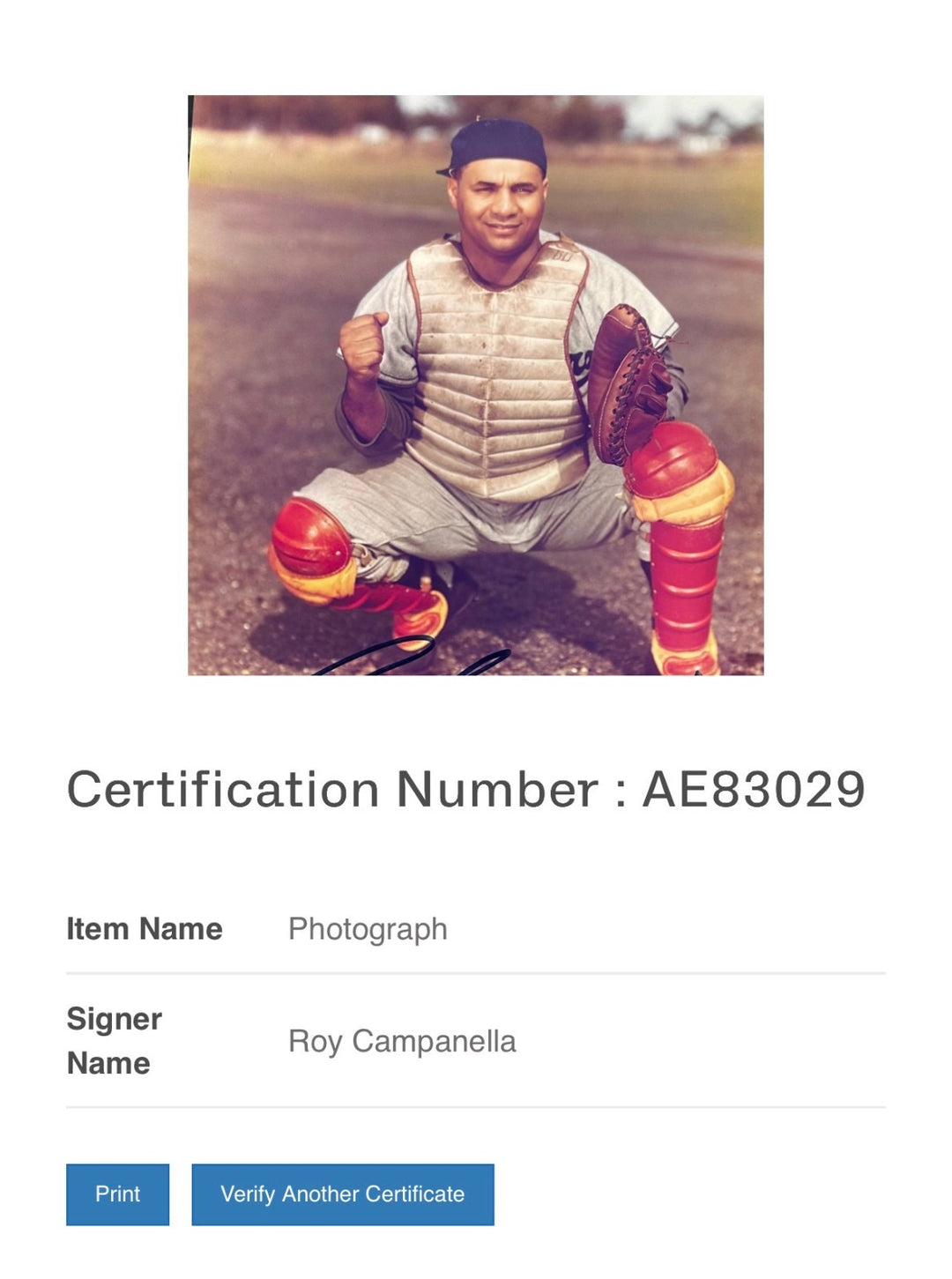 Roy Campanella Autographed 8x10 Photo Brooklyn Dodgers BAS HOF