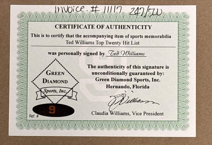 Ted Williams Hit List Signed Hitters Hall Of Fame Framed 16x20 Green Diamond