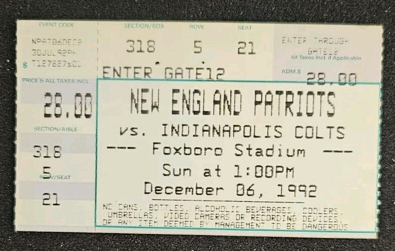 12/6/92 Colts vs. Patriots Game Program & Ticket Stub