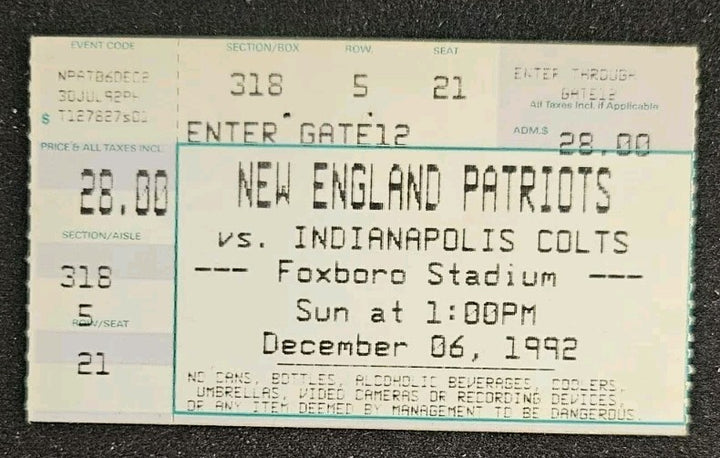 12/6/92 Colts vs. Patriots Game Program & Ticket Stub