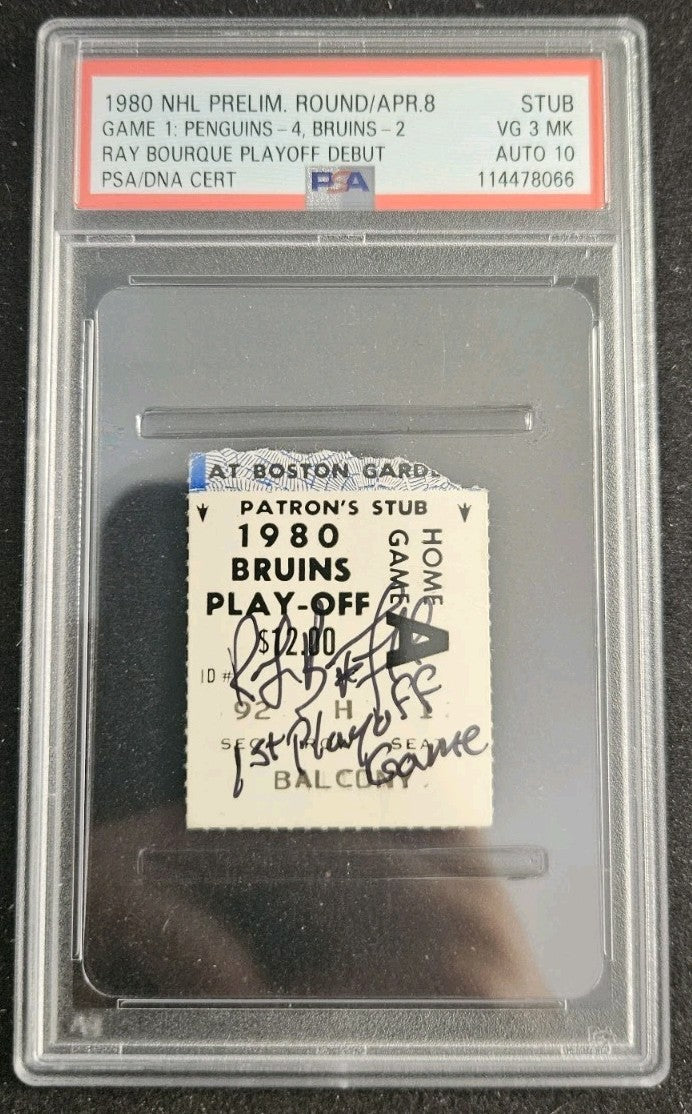 Ray Bourque Signed 1980 Playoff Debut Ticket Stub 1st Playoff Point PSA 3