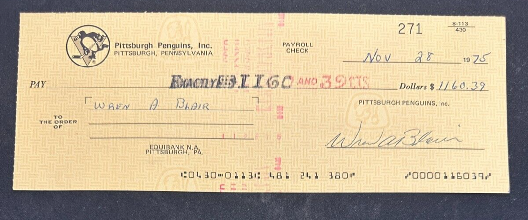 Wren Blair Twice Autographed 1975 Pittsburgh Penguins Payroll Check NHL