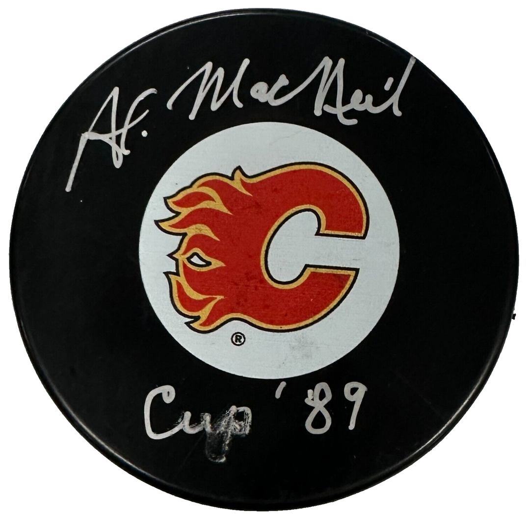 Al MacNeil Autographed Calgary Flames Hockey Puck W/ Cup 89 Insc BAS