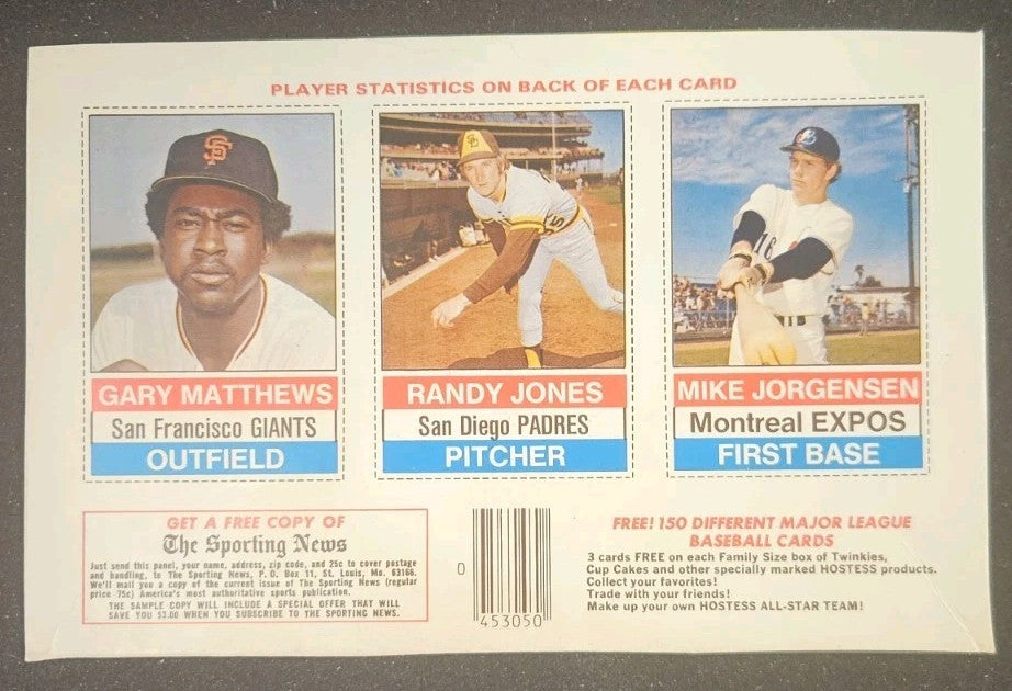 1976 Hostess All Star Team 3 Card Partial Uncut Panel Gary Matthews Randy Jones
