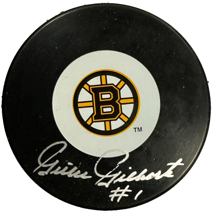 Gilles Gilbert Autographed Boston Bruins Hockey Puck NHL