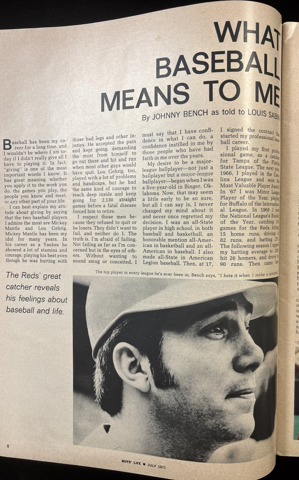 July 1971 Boys Life Magazine Johnny Bench Cincinnati Reds Baseball