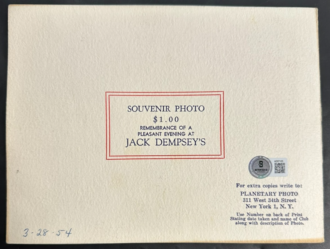Jack Dempsey Autographed 1954 Broadway Bar & Cocktail Lounge Photo BAS
