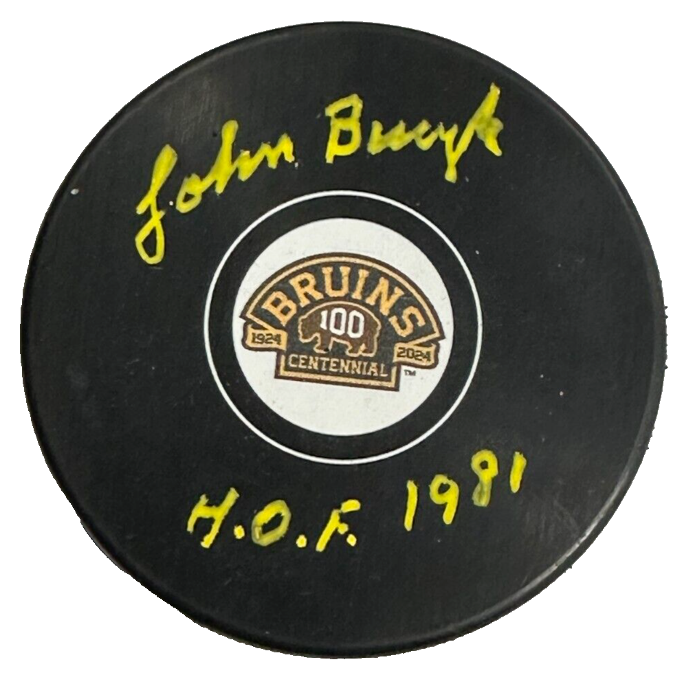 John Bucyk Autographed Boston Bruins 100th Anniversary Puck W/ HOF 1981