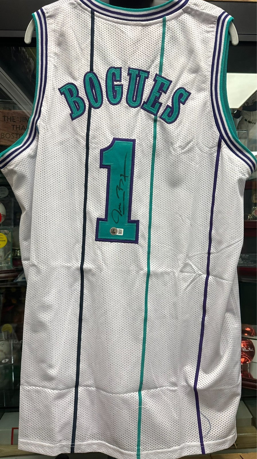 Muggsy Bouges Autographed Charlotte Hornets Replica Jersey BAS NBA