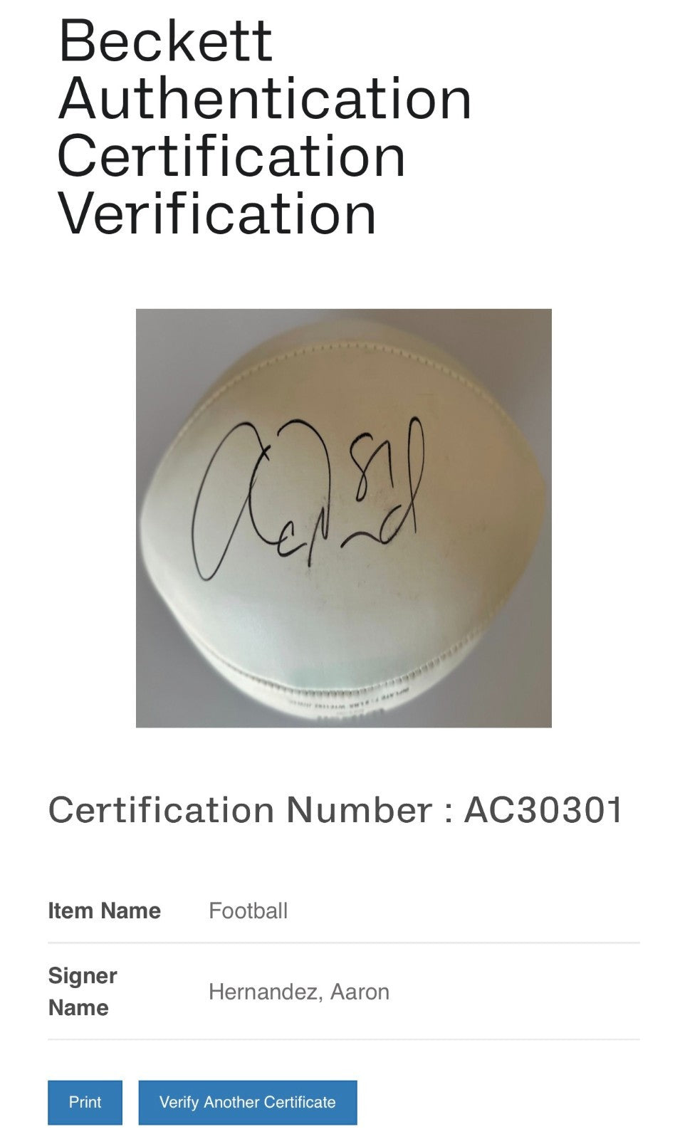 Aaron Hernandez Autographed White Panel New England Patriots Football BAS