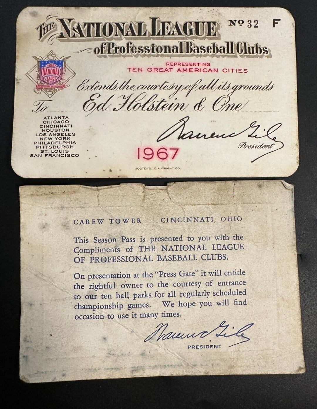 1967 Official National League Season Pass, Schedule & Case Warren Giles