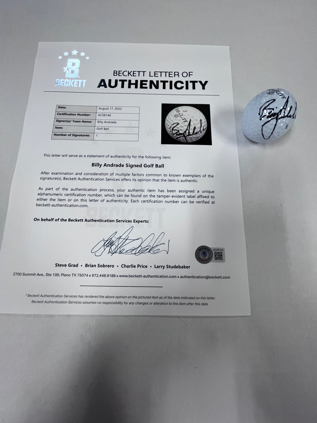 Billy Andrade Autographed Signed Golf Ball PGA W/Cube Beckett LOA