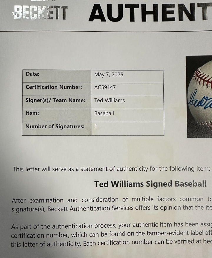 Ted Williams Autographed Rawlings OAL Baseball BAS HOF Boston Red Sox