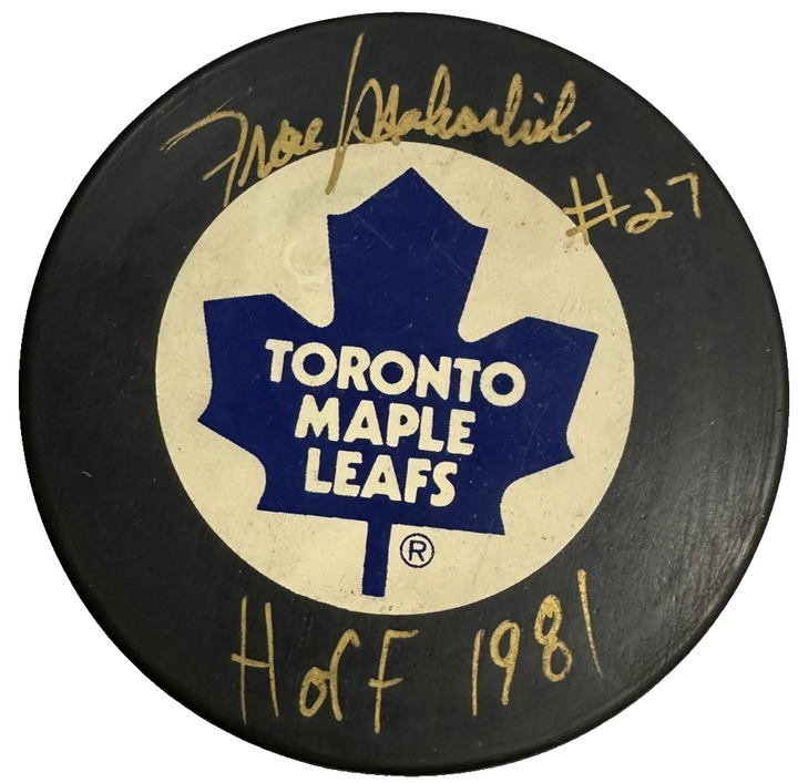 Frank Mahovlich Autographed Toronto Maple Leafs Hockey Puck W/ HOF 1981 BAS