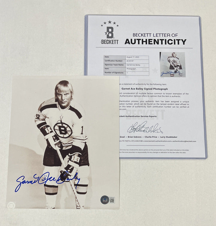 Rare Garnet "ACE" Bailey signed 8x10 Photo Beckett LOA Boston Bruins Stanley Cup