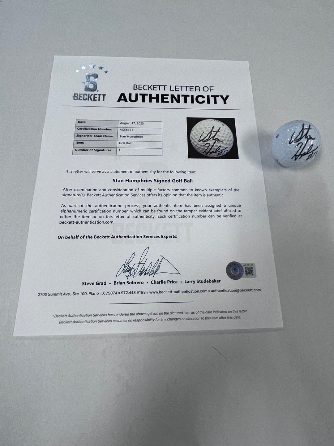 Stan Humphries Autographed Signed Golf Ball W/Cube Beckett LOA NFL Washington