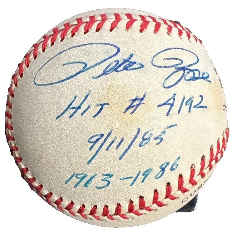 Pete Rose Autographed Stats ONL Baseball W/ Hit #4192 9/11/1985 1963-1986 Insc