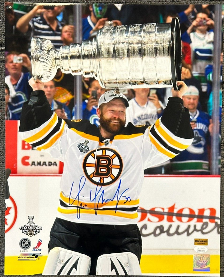 Tim Thomas Autographed 16x20 Boston Bruins W/ Stanley Cup Photo JSA