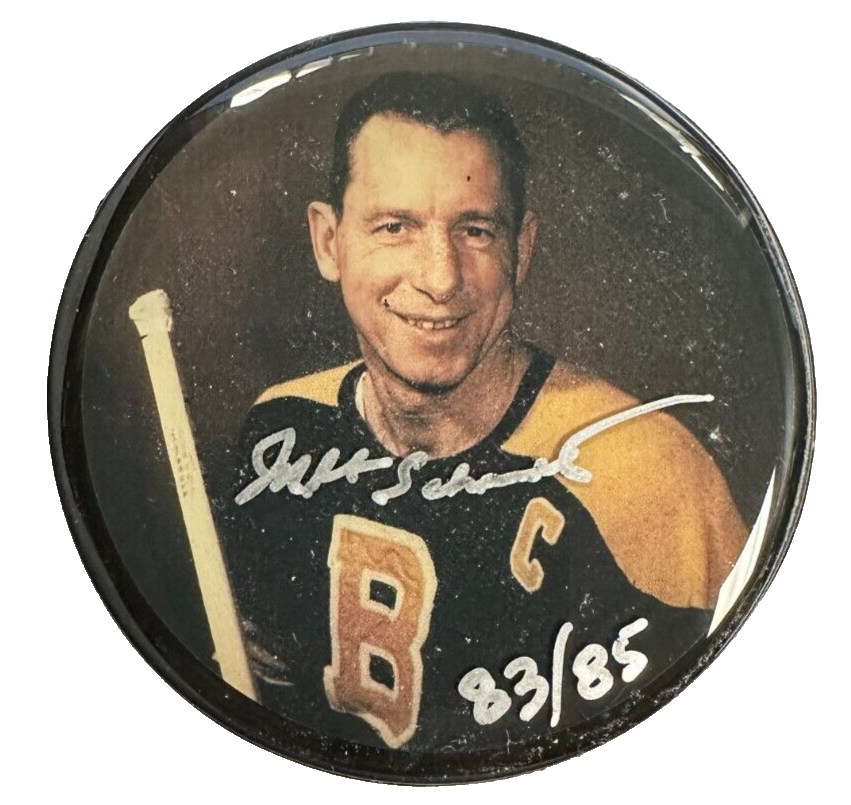 Milt Schmidt Autographed Boston Bruins Photo Puck HOF 83/85
