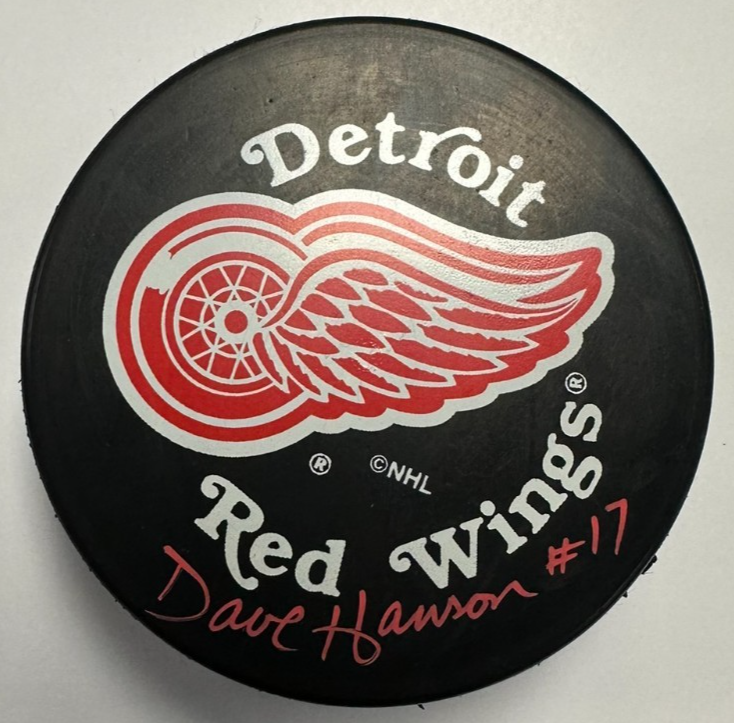 Dave Hanson Autographed Detroit Red Wings Puck NHL Slap Shot The Hanson Brothers