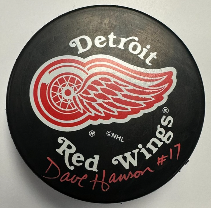 Dave Hanson Autographed Detroit Red Wings Puck NHL Slap Shot The Hanson Brothers