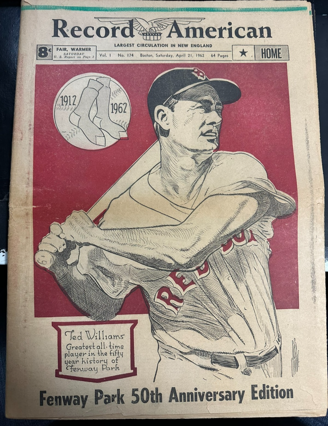 April 21, 1962 Boston Record American Newspaper Fenway Park 50th Anniversary